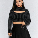 ROMWE Grunge Punk Jersey Para Mujeres Sexy Y Entallado Con Rayas Y Huecos, Con Cuello Redondo