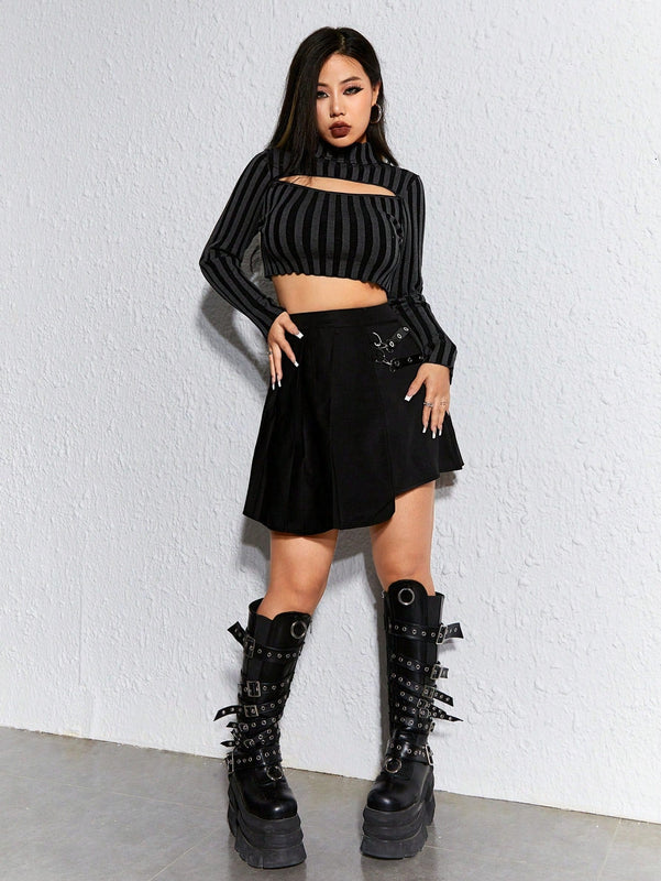 ROMWE Grunge Punk Jersey Para Mujeres Sexy Y Entallado Con Rayas Y Huecos, Con Cuello Redondo