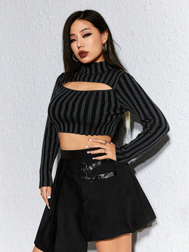 ROMWE Grunge Punk Jersey Para Mujeres Sexy Y Entallado Con Rayas Y Huecos, Con Cuello Redondo