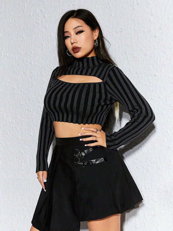 ROMWE Grunge Punk Jersey Para Mujeres Sexy Y Entallado Con Rayas Y Huecos, Con Cuello Redondo