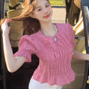 DAZY Blusa Decorada De Manga Corta Con Dobladillo Con Volantes Para Mujeres