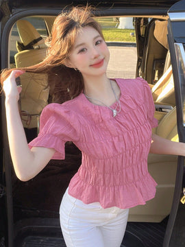 DAZY Blusa Decorada De Manga Corta Con Dobladillo Con Volantes Para Mujeres