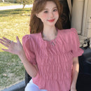 DAZY Blusa Decorada De Manga Corta Con Dobladillo Con Volantes Para Mujeres