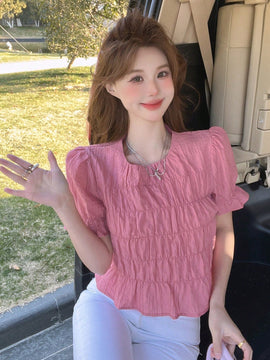 DAZY Blusa Decorada De Manga Corta Con Dobladillo Con Volantes Para Mujeres