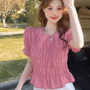 DAZY Blusa Decorada De Manga Corta Con Dobladillo Con Volantes Para Mujeres