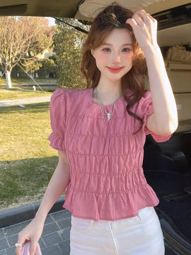 DAZY Blusa Decorada De Manga Corta Con Dobladillo Con Volantes Para Mujeres