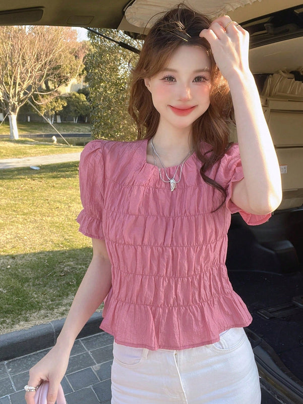 DAZY Blusa Decorada De Manga Corta Con Dobladillo Con Volantes Para Mujeres
