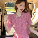 DAZY Blusa Decorada De Manga Corta Con Dobladillo Con Volantes Para Mujeres