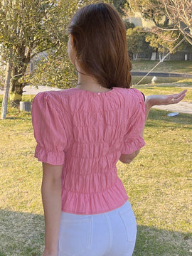 DAZY Blusa Decorada De Manga Corta Con Dobladillo Con Volantes Para Mujeres