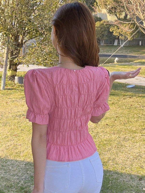 DAZY Blusa Decorada De Manga Corta Con Dobladillo Con Volantes Para Mujeres