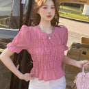 DAZY Blusa Decorada De Manga Corta Con Dobladillo Con Volantes Para Mujeres