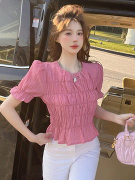 DAZY Blusa Decorada De Manga Corta Con Dobladillo Con Volantes Para Mujeres