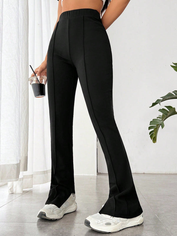 EZwear Pantalones De Punto Con Cintura Elastica, Raja En El Dobladillo Y Tela Estirable