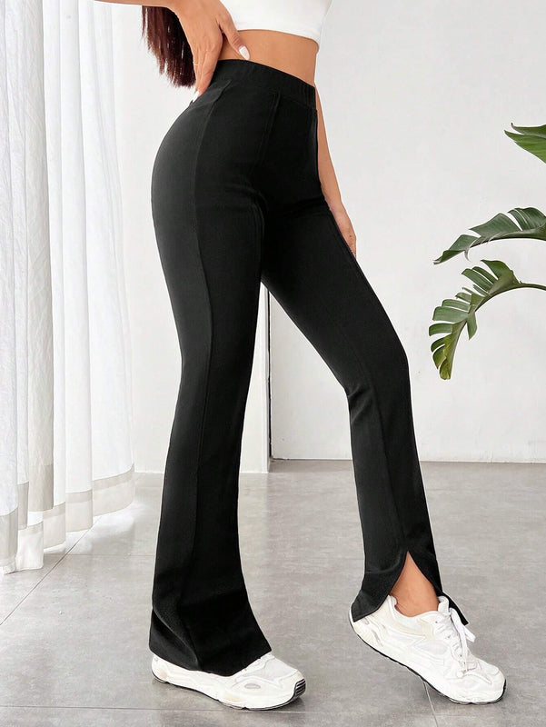 EZwear Pantalones De Punto Con Cintura Elastica, Raja En El Dobladillo Y Tela Estirable