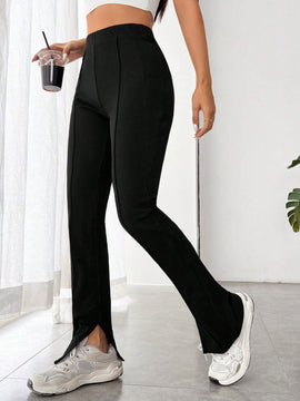 EZwear Pantalones De Punto Con Cintura Elastica, Raja En El Dobladillo Y Tela Estirable