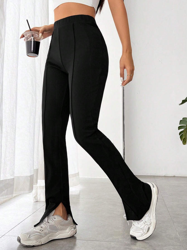EZwear Pantalones De Punto Con Cintura Elastica, Raja En El Dobladillo Y Tela Estirable