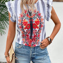 LUNE Blusa De Manga Corta Con Estampado Floral Para Mujer, Cuello Redondo Y Mangas Con Volantes