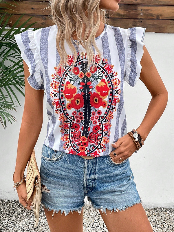 LUNE Blusa De Manga Corta Con Estampado Floral Para Mujer, Cuello Redondo Y Mangas Con Volantes