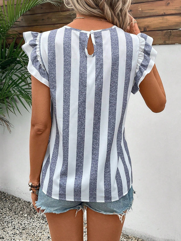 LUNE Blusa De Manga Corta Con Estampado Floral Para Mujer, Cuello Redondo Y Mangas Con Volantes
