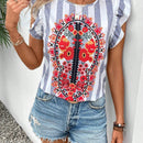LUNE Blusa De Manga Corta Con Estampado Floral Para Mujer, Cuello Redondo Y Mangas Con Volantes