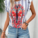 LUNE Blusa De Manga Corta Con Estampado Floral Para Mujer, Cuello Redondo Y Mangas Con Volantes