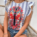 LUNE Blusa De Manga Corta Con Estampado Floral Para Mujer, Cuello Redondo Y Mangas Con Volantes
