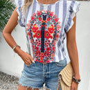 LUNE Blusa De Manga Corta Con Estampado Floral Para Mujer, Cuello Redondo Y Mangas Con Volantes