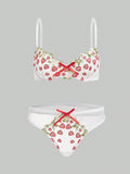 ROMWE Kawaii Conjunto De Ropa Interior Para Mujeres Con Copa, Bordado De Fresa De Estilo Rural