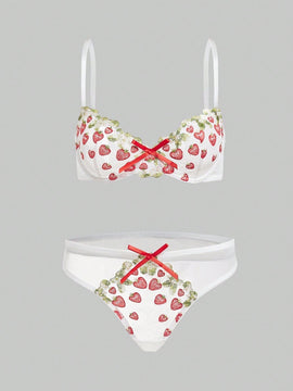 ROMWE Kawaii Conjunto De Ropa Interior Para Mujeres Con Copa, Bordado De Fresa De Estilo Rural