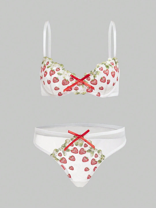 ROMWE Kawaii Conjunto De Ropa Interior Para Mujeres Con Copa, Bordado De Fresa De Estilo Rural