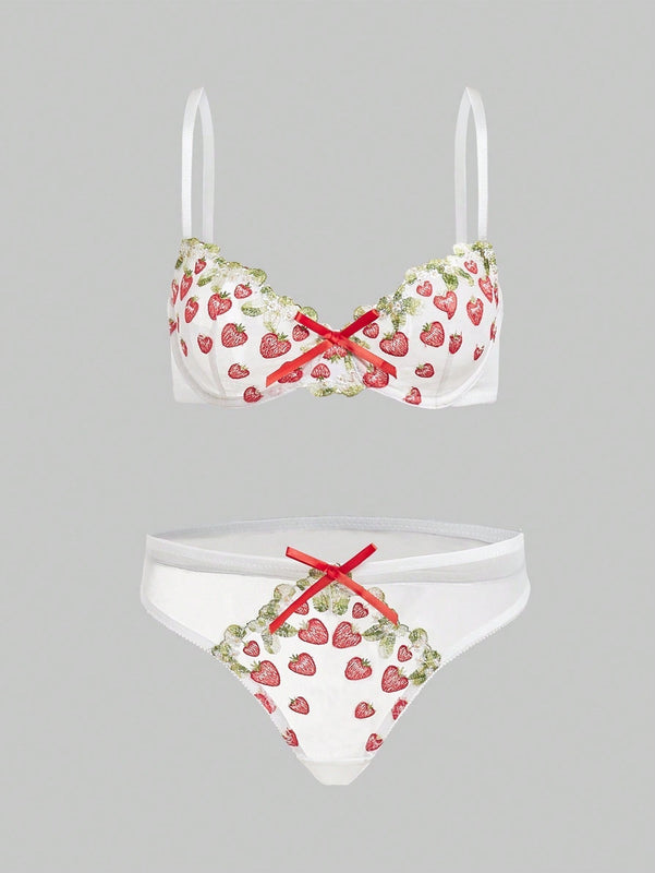 ROMWE Kawaii Conjunto De Ropa Interior Para Mujeres Con Copa, Bordado De Fresa De Estilo Rural