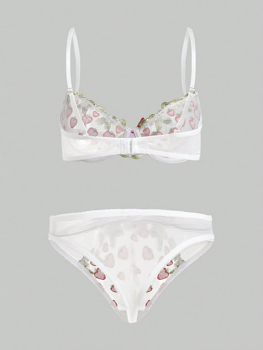 ROMWE Kawaii Conjunto De Ropa Interior Para Mujeres Con Copa, Bordado De Fresa De Estilo Rural