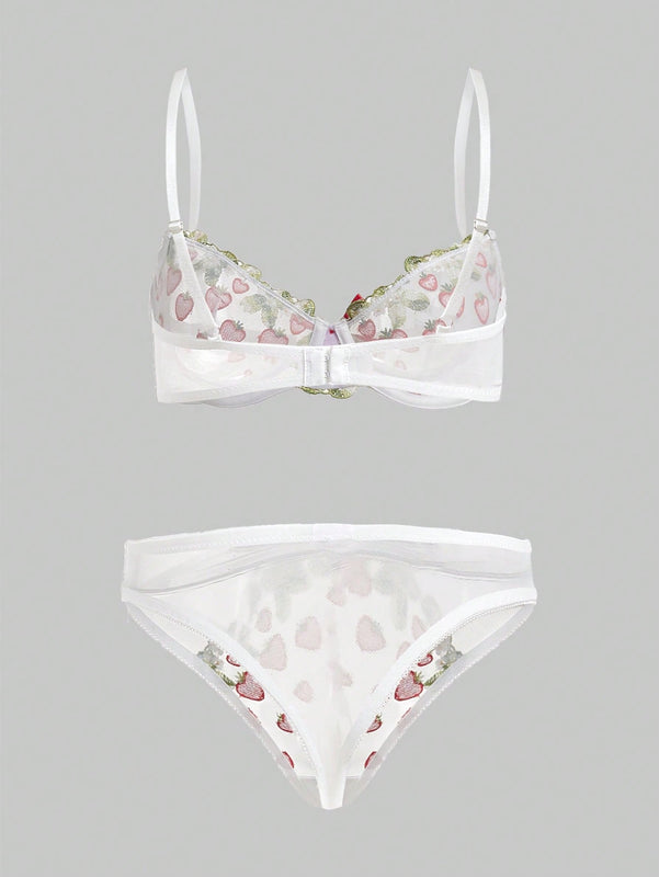 ROMWE Kawaii Conjunto De Ropa Interior Para Mujeres Con Copa, Bordado De Fresa De Estilo Rural