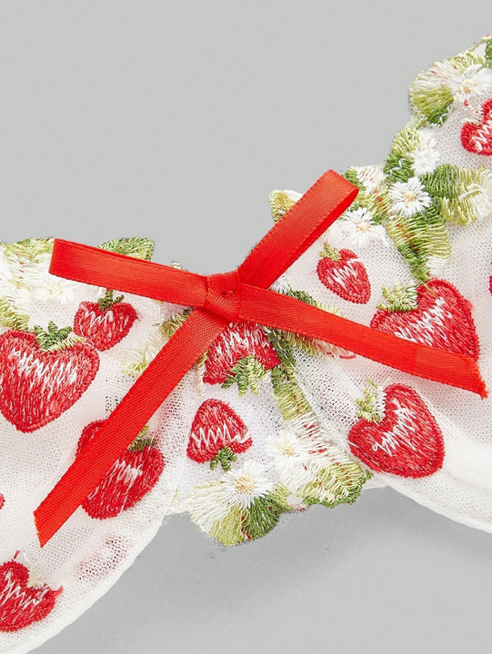 ROMWE Kawaii Conjunto De Ropa Interior Para Mujeres Con Copa, Bordado De Fresa De Estilo Rural