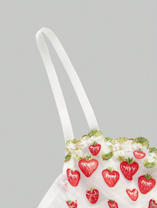 ROMWE Kawaii Conjunto De Ropa Interior Para Mujeres Con Copa, Bordado De Fresa De Estilo Rural