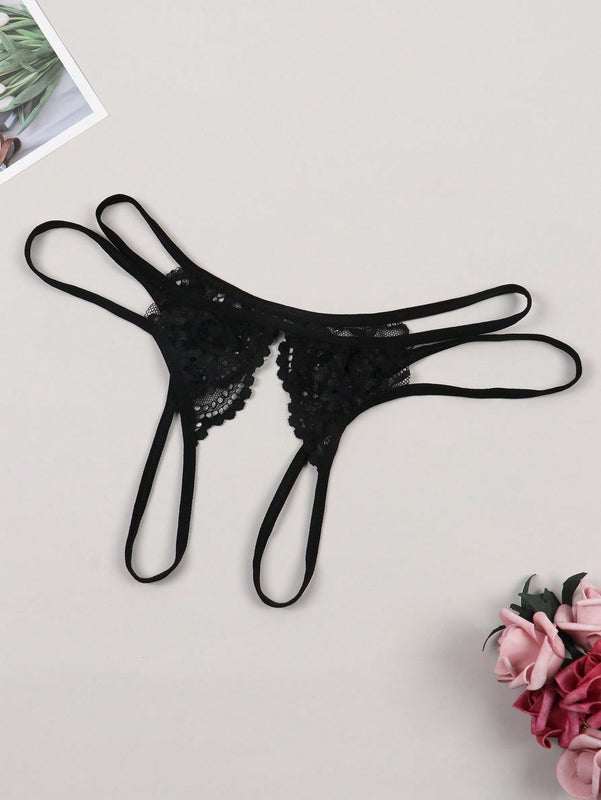 Mujeres Sexy Encaje Entrepierna Abierta Media-Transparente Tanga Calzoncillos Huecos sin Costuras