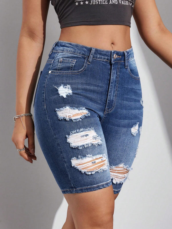 Pantalones Cortos De Mezclilla Lavados Y Rasgados Para Mujeres
