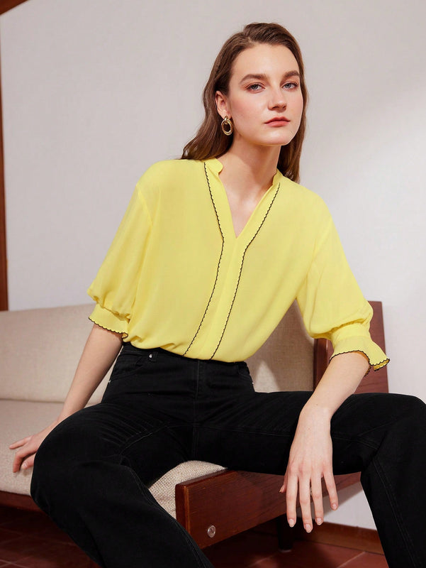 MOTF PREMIUM Blusa De Manga Abombada Tejida Para Mujer Con Cuello De Muesca Y Tuberia De Contraste