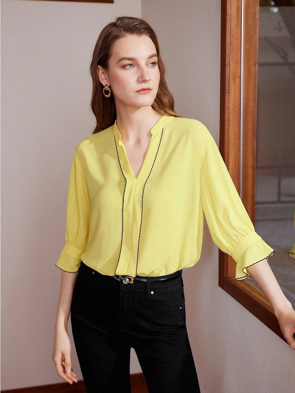 MOTF PREMIUM Blusa De Manga Abombada Tejida Para Mujer Con Cuello De Muesca Y Tuberia De Contraste