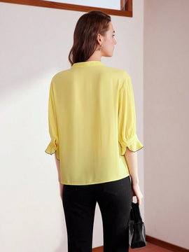 MOTF PREMIUM Blusa De Manga Abombada Tejida Para Mujer Con Cuello De Muesca Y Tuberia De Contraste