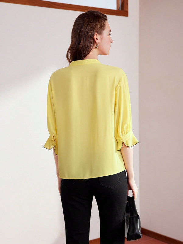 MOTF PREMIUM Blusa De Manga Abombada Tejida Para Mujer Con Cuello De Muesca Y Tuberia De Contraste