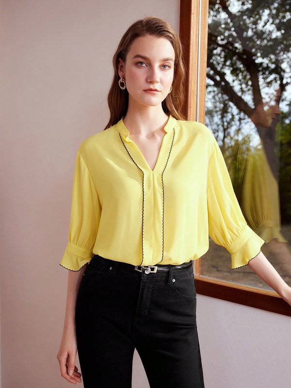 MOTF PREMIUM Blusa De Manga Abombada Tejida Para Mujer Con Cuello De Muesca Y Tuberia De Contraste