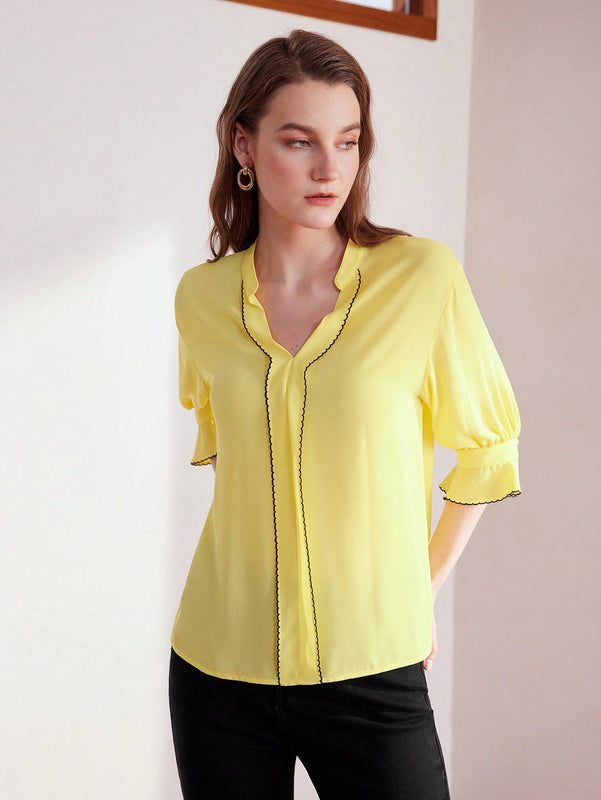 MOTF PREMIUM Blusa De Manga Abombada Tejida Para Mujer Con Cuello De Muesca Y Tuberia De Contraste