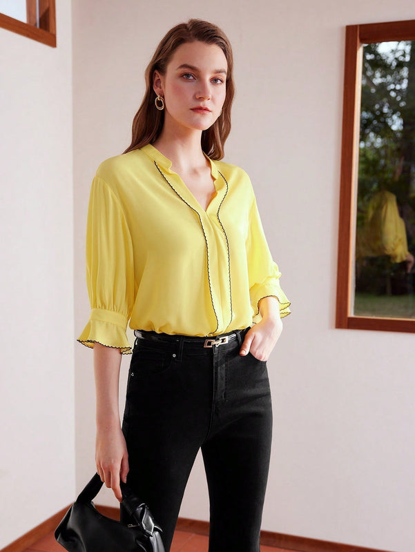 MOTF PREMIUM Blusa De Manga Abombada Tejida Para Mujer Con Cuello De Muesca Y Tuberia De Contraste