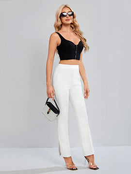 Tall Pantalones Conicos De Color Solido Con Dobladillo Dividido