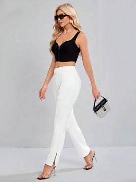 Tall Pantalones Conicos De Color Solido Con Dobladillo Dividido