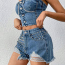 Shorts Vaqueros Rasgados Con Remaches
