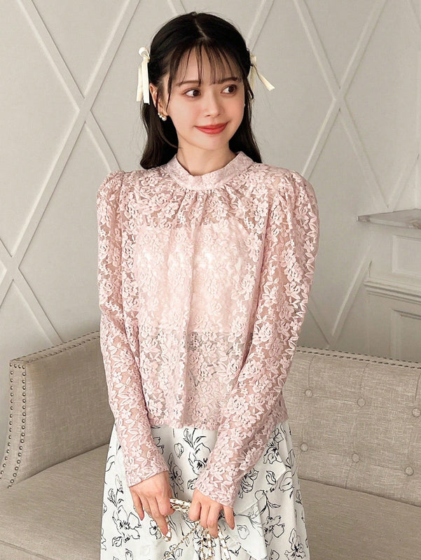 FRIFUL Camisa De Encaje De Manga Larga Con Cuello Alto Para Mujer
