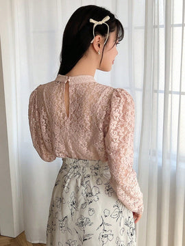 FRIFUL Camisa De Encaje De Manga Larga Con Cuello Alto Para Mujer