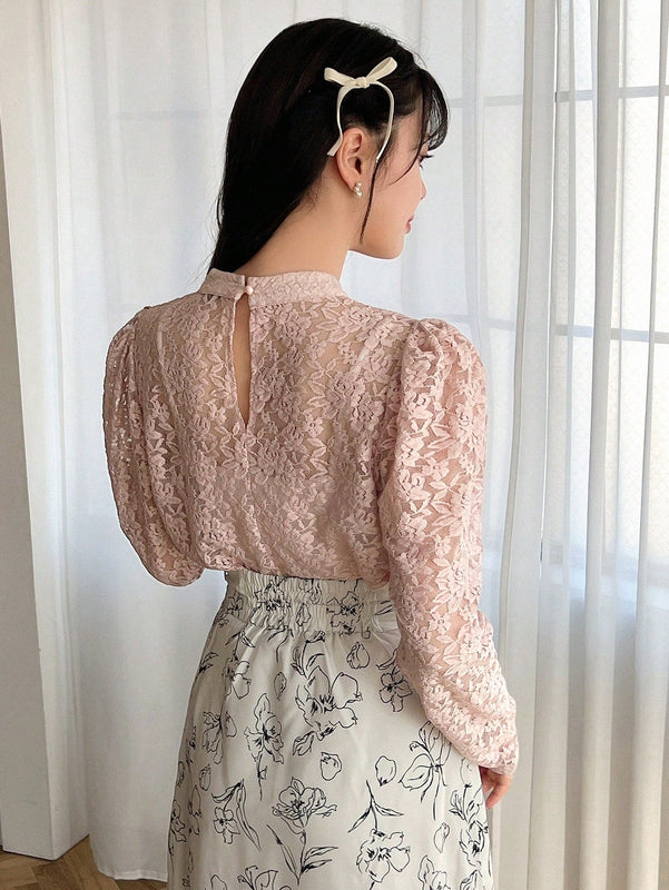 FRIFUL Camisa De Encaje De Manga Larga Con Cuello Alto Para Mujer